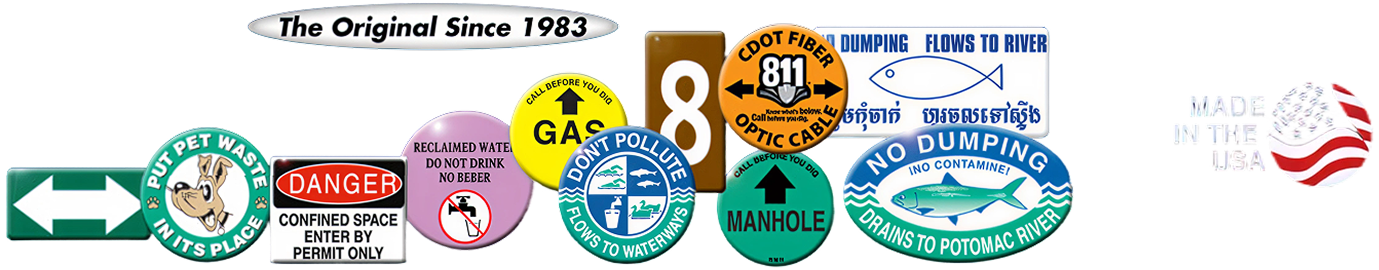 Various colorful safety and directional signs.