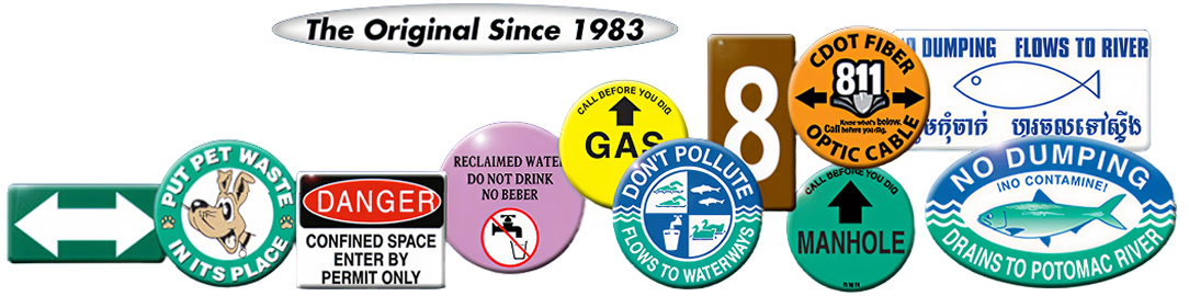 Various safety and informational signs in montage.