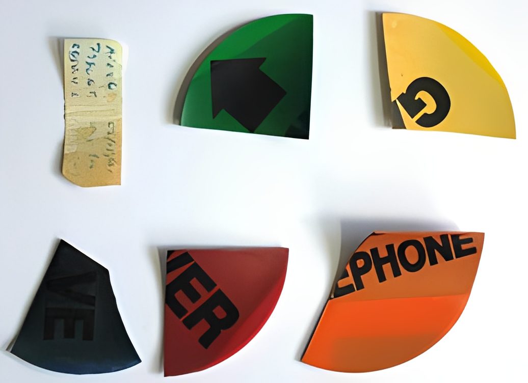 Colorful geometric shapes with text fragments