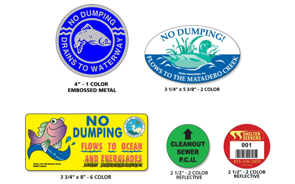 Various environmental no dumping signs displayed.