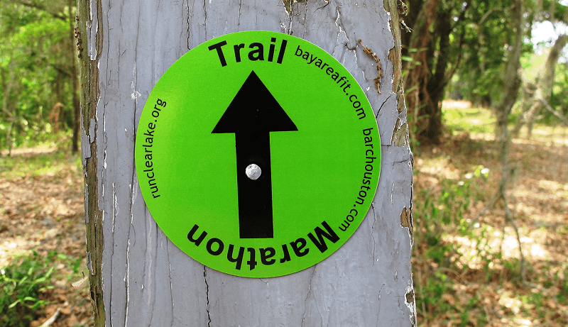 Green marathon trail sign on a tree.